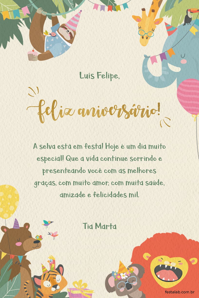 Crie seu Cartão de Aniversário - Animais com a Festalab