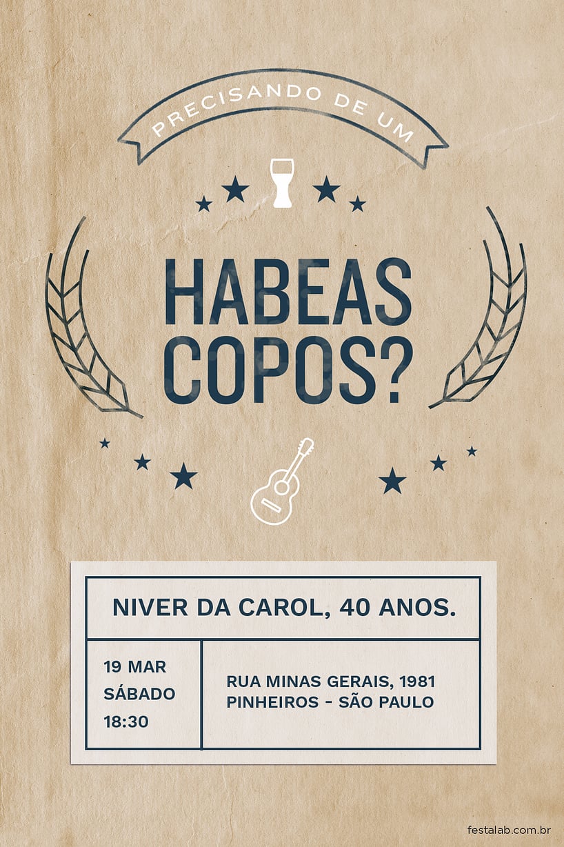 Convite de Aniversario Adulto - Habeas Copos?