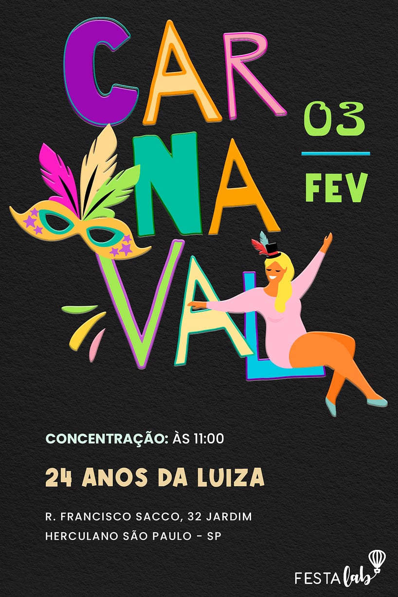 Convite de Aniversario Adulto - Lettering de Carnaval