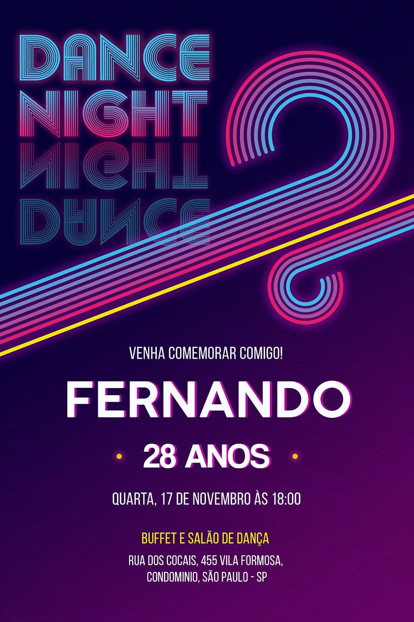 Convite de Aniversario Adulto - Neon Anos 70