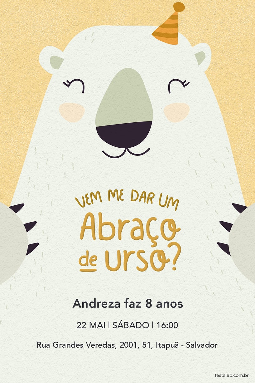 Criar convite de aniversário - Abraço de urso amarelo| FestaLab