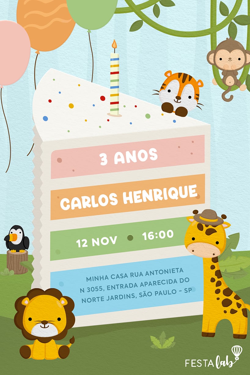 Convite de Aniversario - Bolo no safari