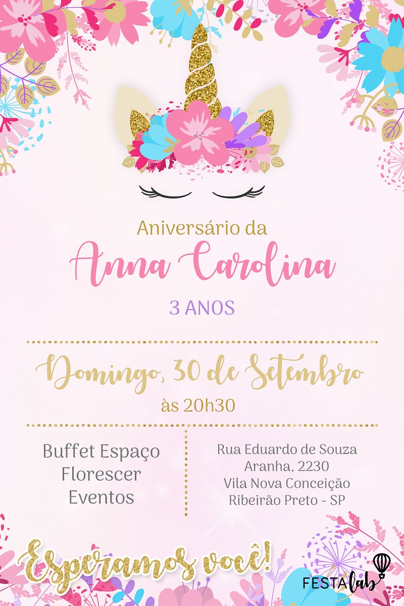 Convite de Aniversario - Coroa de Unicornio