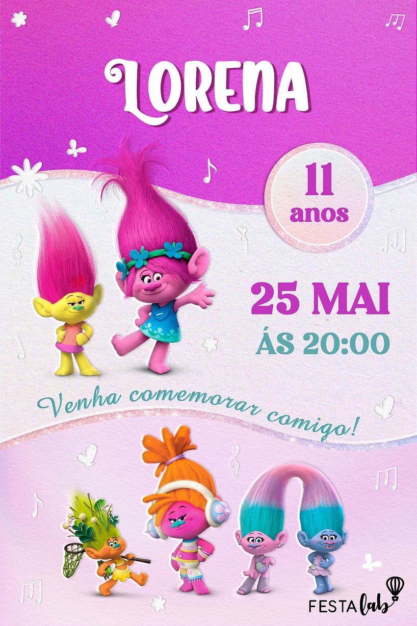 Criar convite de aniversário - Girls Trolls Party| FestaLab