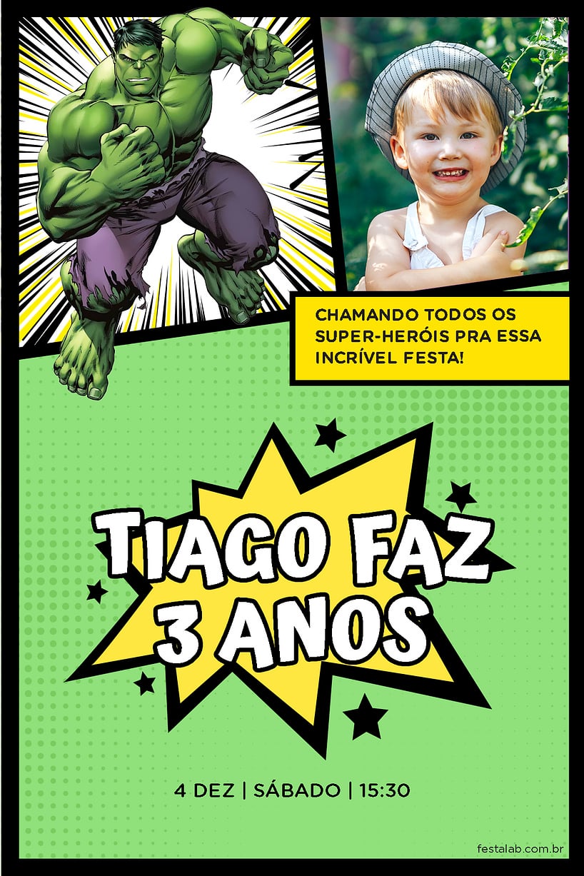 Criar convite de aniversário - Hulk Quadrinhos| FestaLab