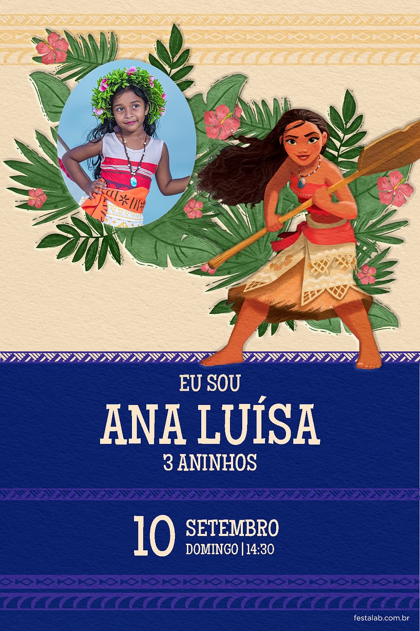 Convite de Aniversario - Moana tribal azul