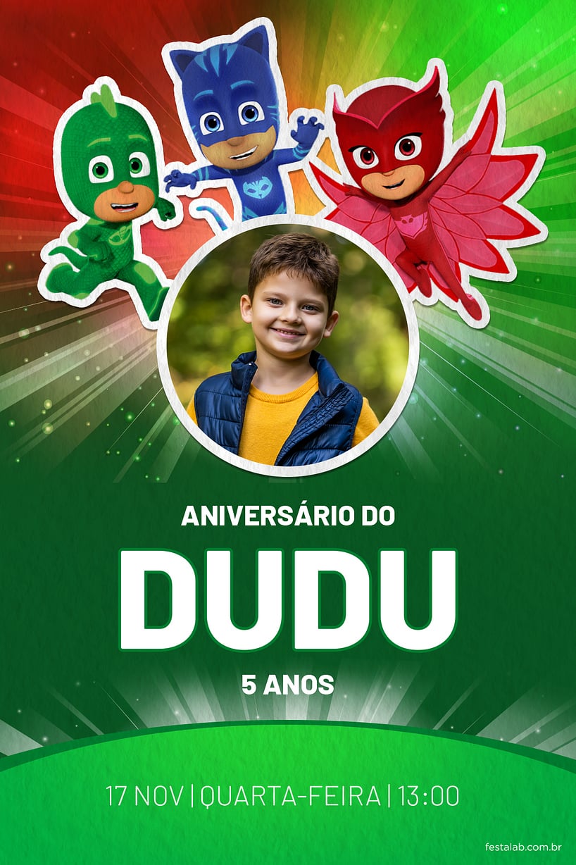 Criar convite de aniversário - PJ Mask - Heróis verde| FestaLab