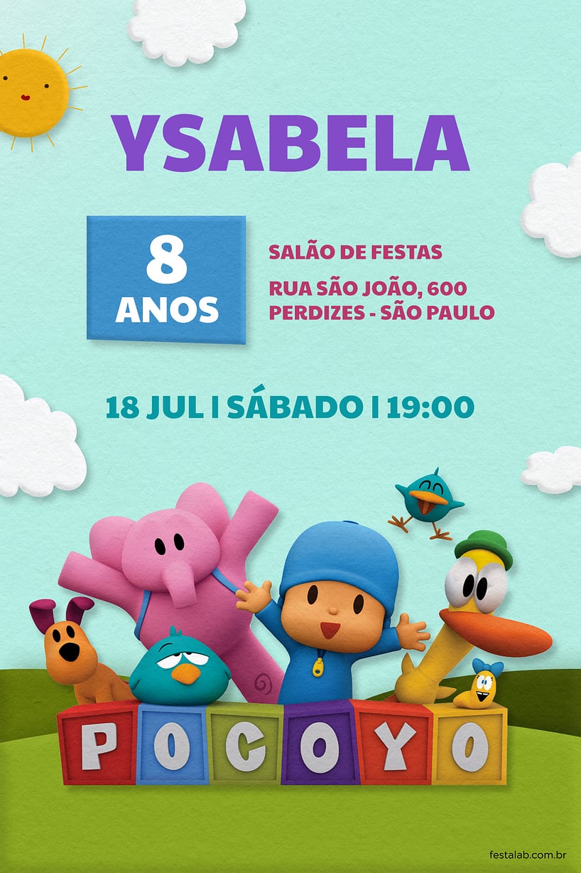 Convite de Aniversario - Pocoyo e seus Amigos Azul