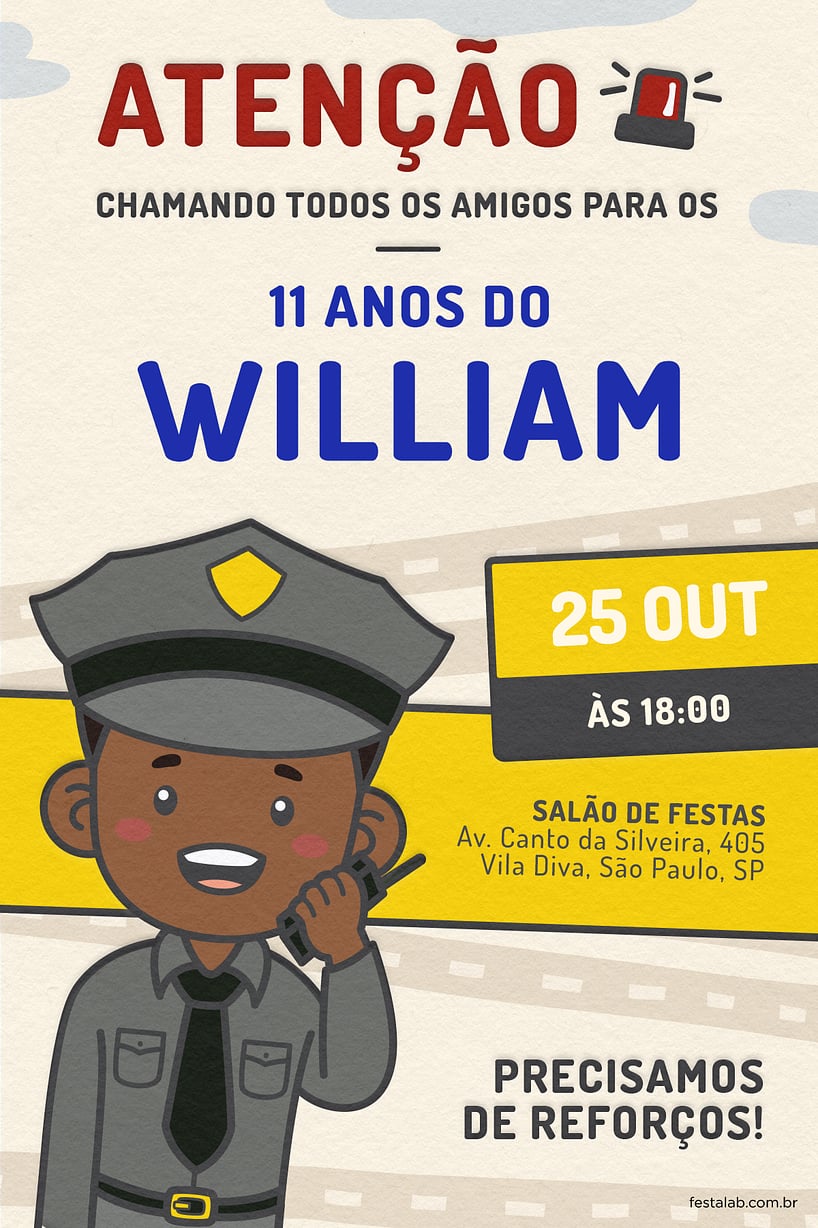 Criar convite de aniversário - Policial negro| FestaLab