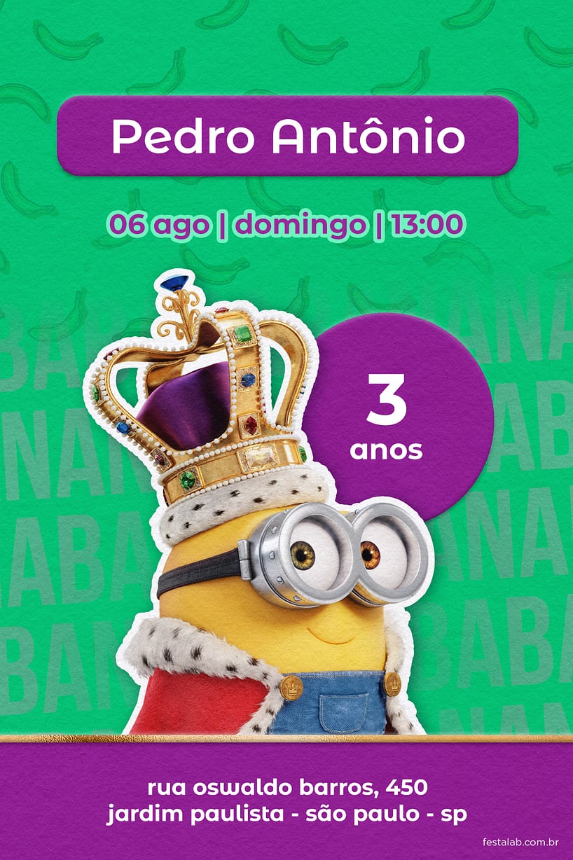 Convite de Aniversario - Rei minion roxo