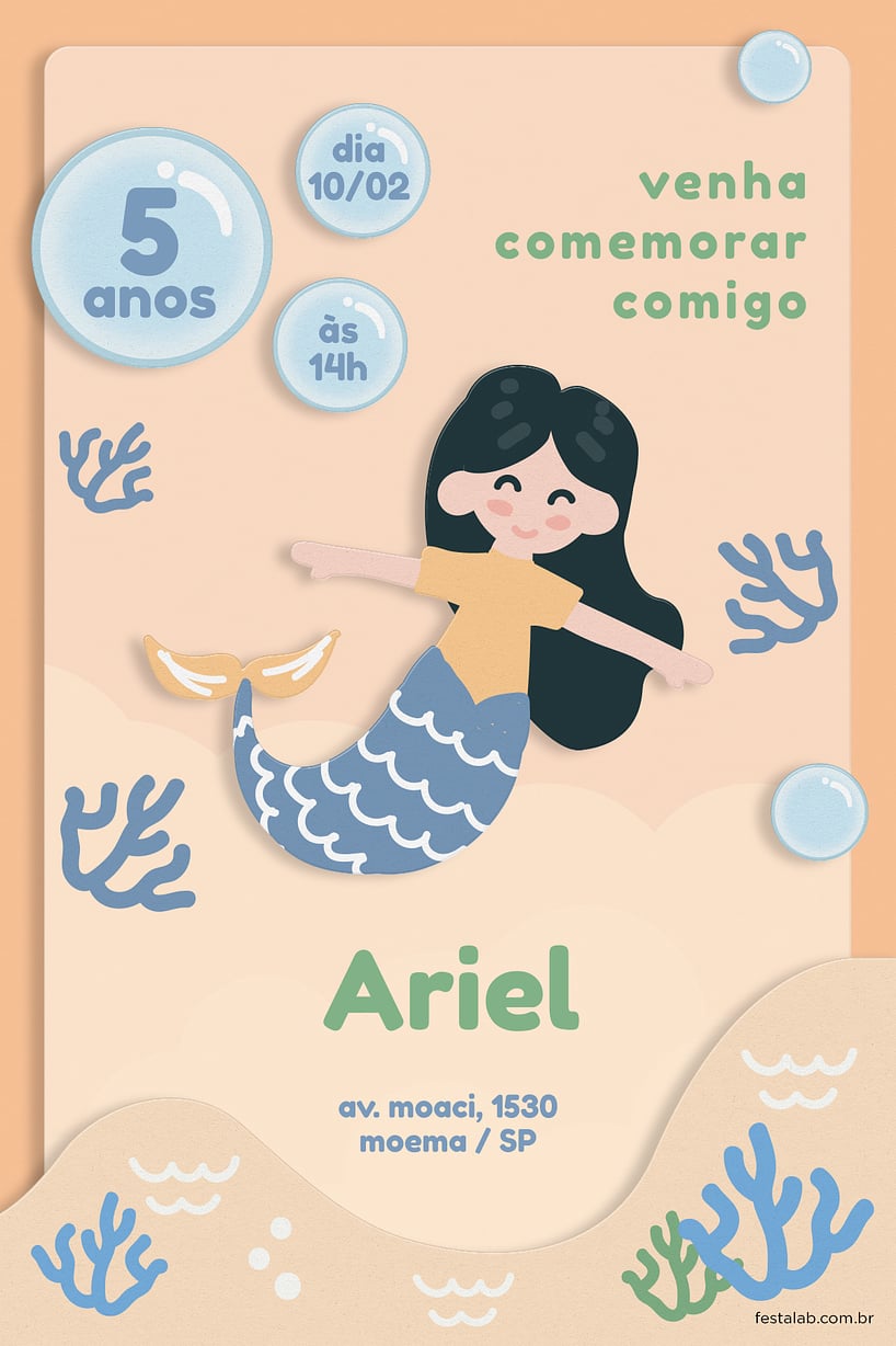 Criar convite de aniversário - Sereia Laranja| FestaLab