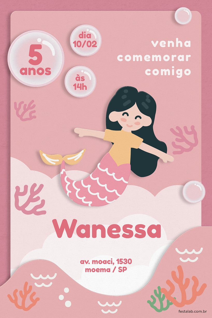 Convite de Aniversario - Sereia Rosa