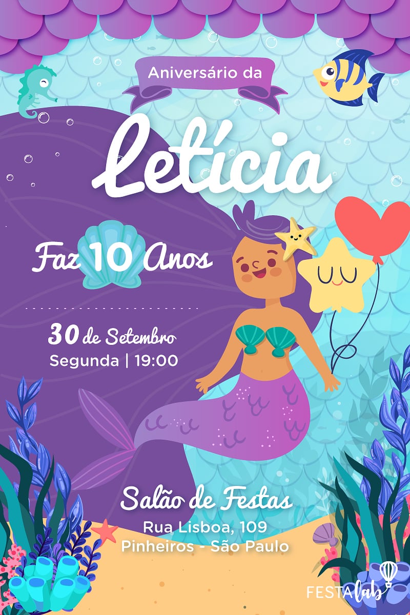 Convite de Aniversario - Sereia