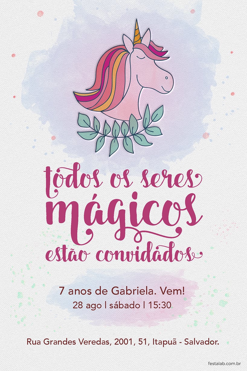 Convite de Aniversario - Unicornio Aquarela