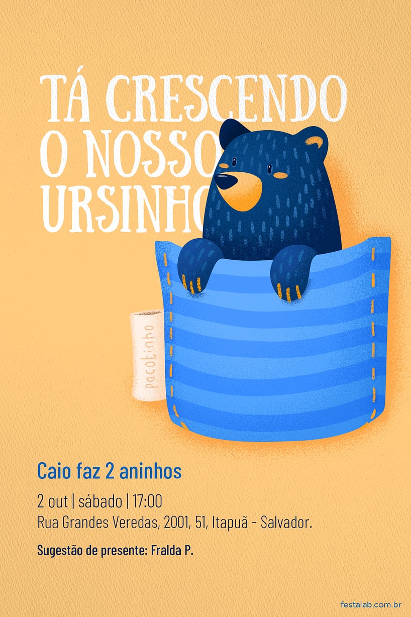 Convite de Aniversario - Ursinho no Bolsinho