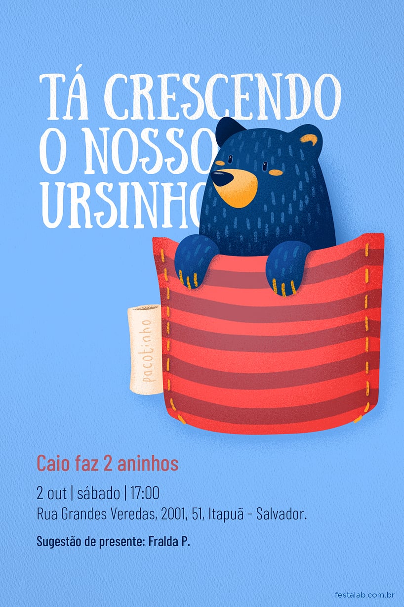 Criar convite de aniversário - Ursinho no Bolsinho vermelho| FestaLab