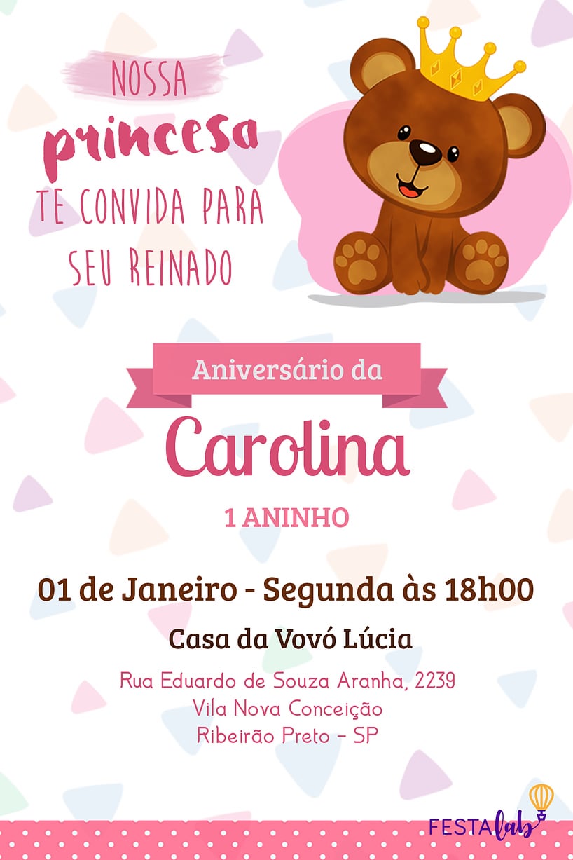 Criar convite de aniversário - Ursinho rosa| FestaLab