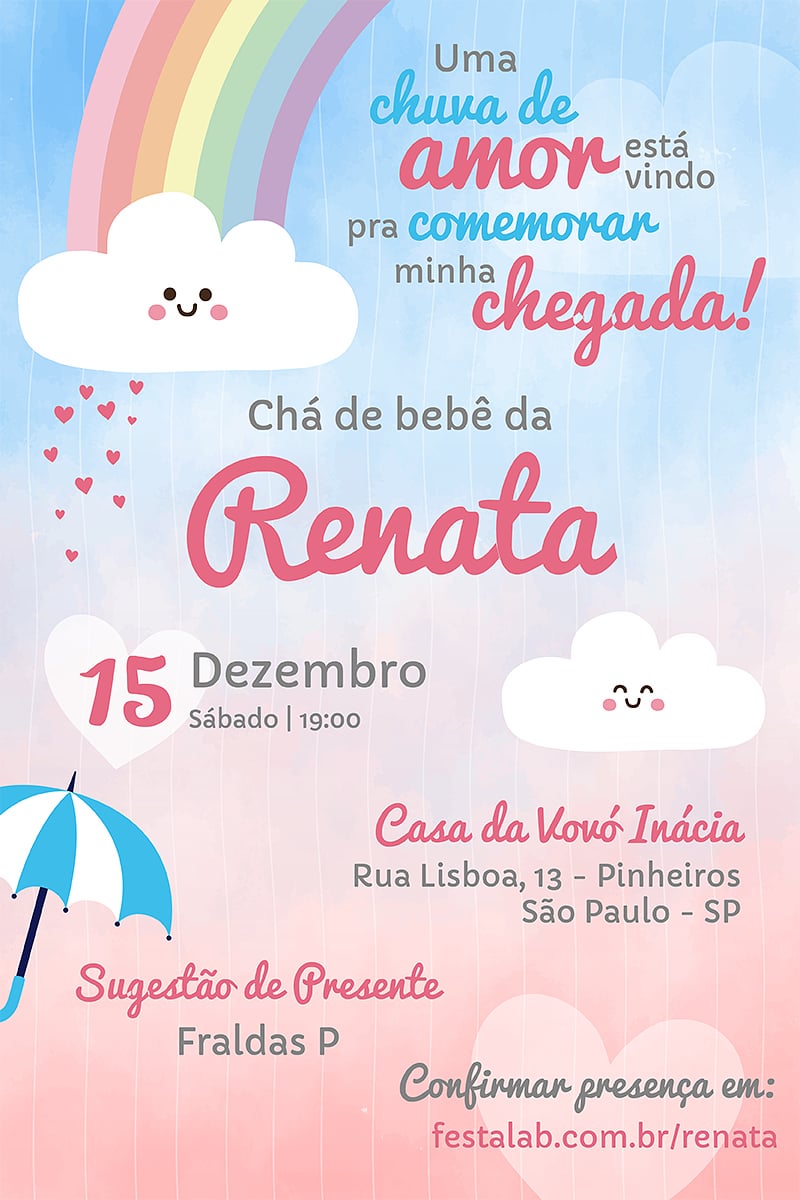 Criar convite de Chá de bebê - Chuva de Amor| FestaLab