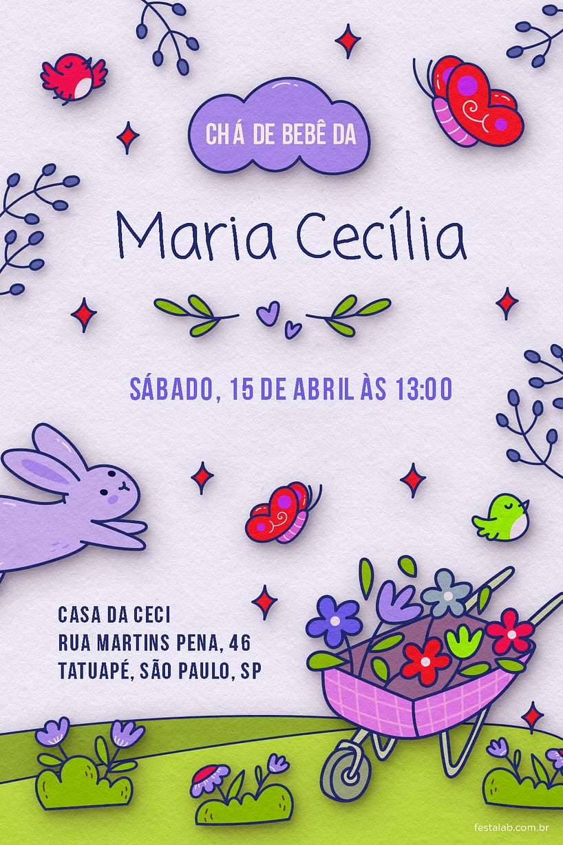 Criar convite de Chá de bebê - No Reino das Flores: Lilás| FestaLab