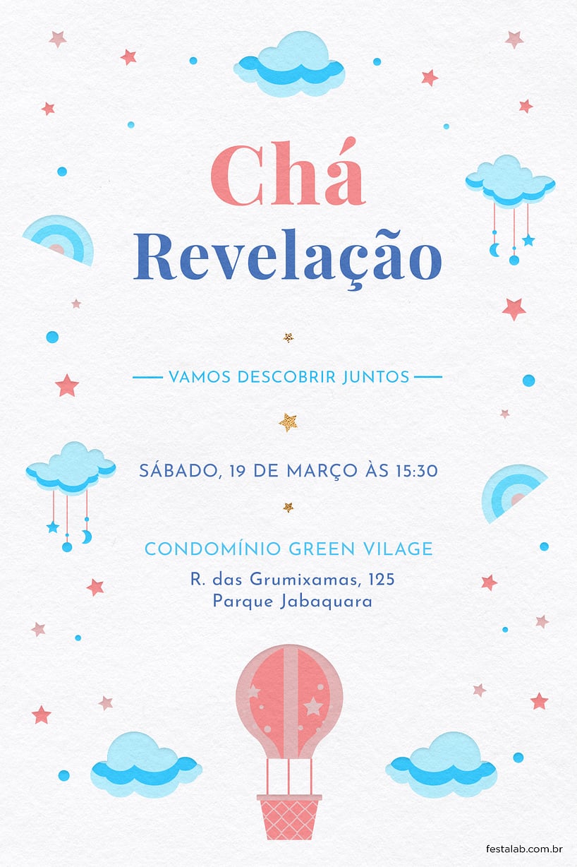 Criar convite de Chá revelação - Nuvens azul| FestaLab