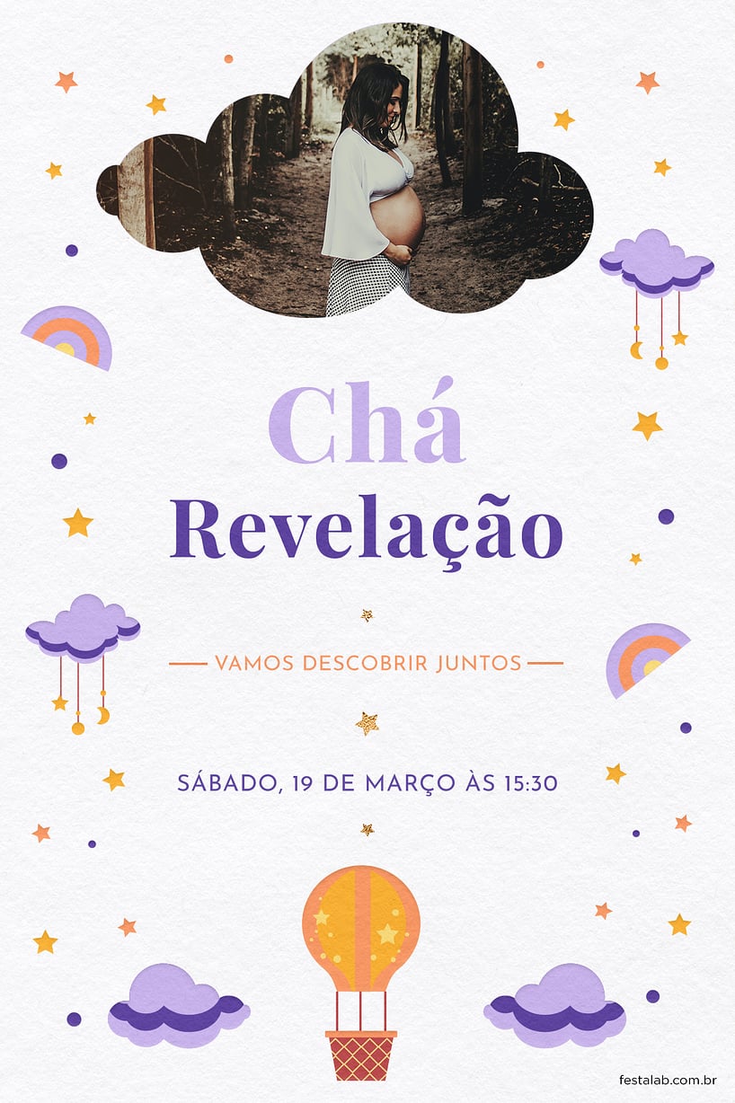 Criar convite de Chá revelação - Nuvens lilas| FestaLab