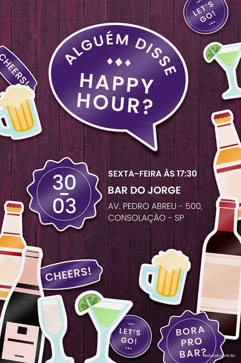 Criar convite de Ocasiões especiais - Happy hour roxo| FestaLab