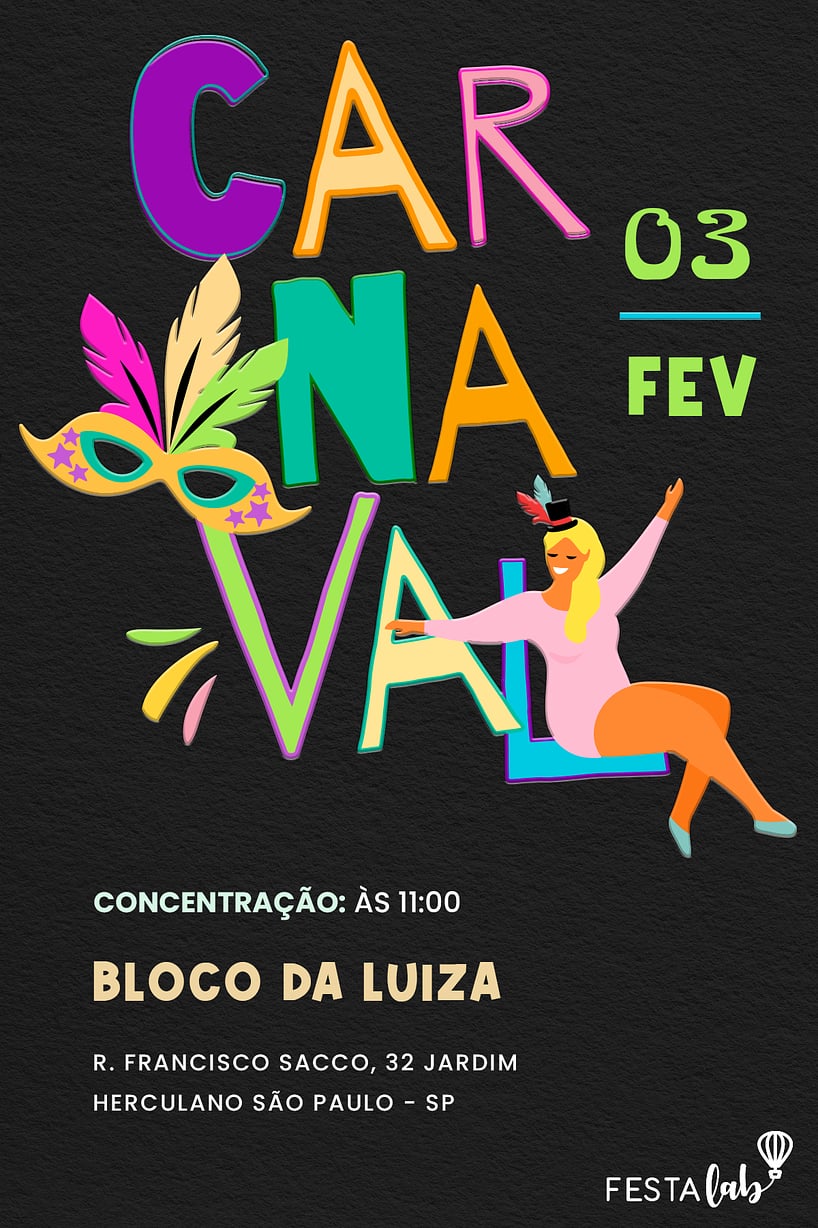 Criar convite de Ocasiões especiais - Lettering de Carnaval| FestaLab