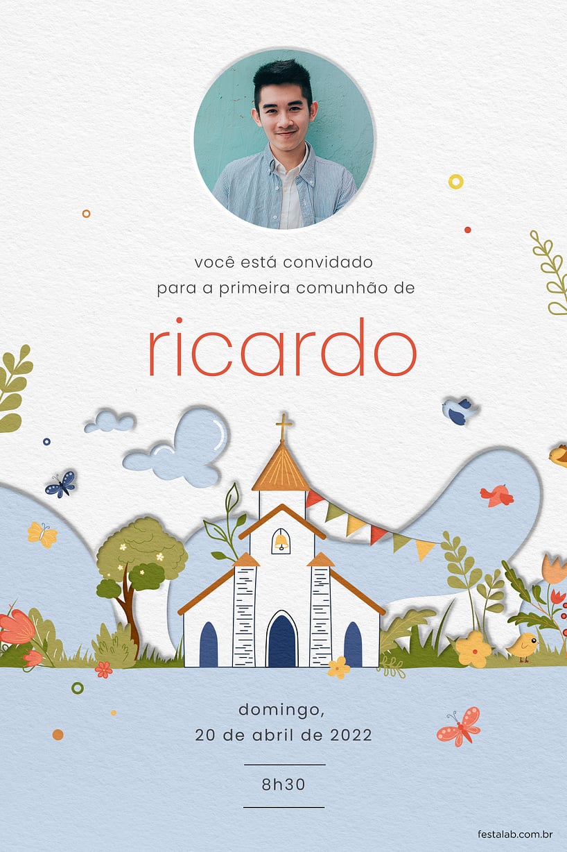 Criar convite de Primeira comunhão - Igreja católica colorida| FestaLab