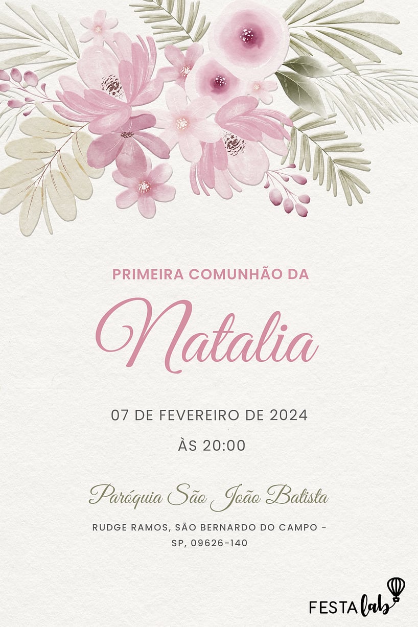 Criar convite de Primeira comunhão - Primavera rosa| FestaLab